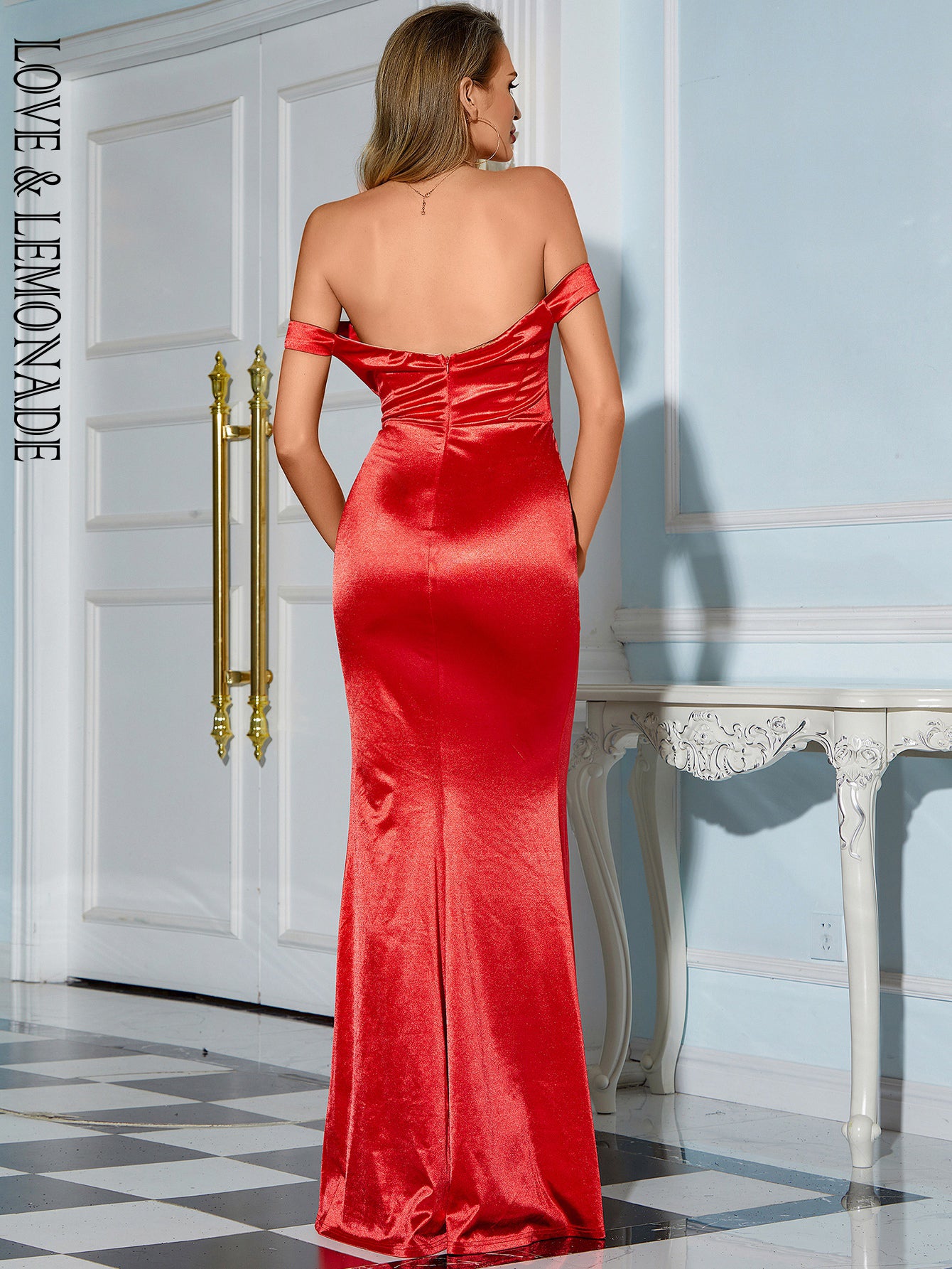 LOVE&amp;LEMONADE  Sexy Off-The-Shoulder Red Body-Hugging Slit A-Line Party Dress LM81343-B RED