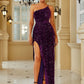 LOVE&amp;LEMONADE Sexy One Shoulder Blue Velvet Sequin White Split Bodysuit Party Long Dress LM83082