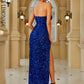 LOVE&amp;LEMONADE Sexy One Shoulder Blue Velvet Sequin White Split Bodysuit Party Long Dress LM83082
