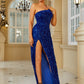 LOVE&amp;LEMONADE Sexy One Shoulder Blue Velvet Sequin White Split Bodysuit Party Long Dress LM83082