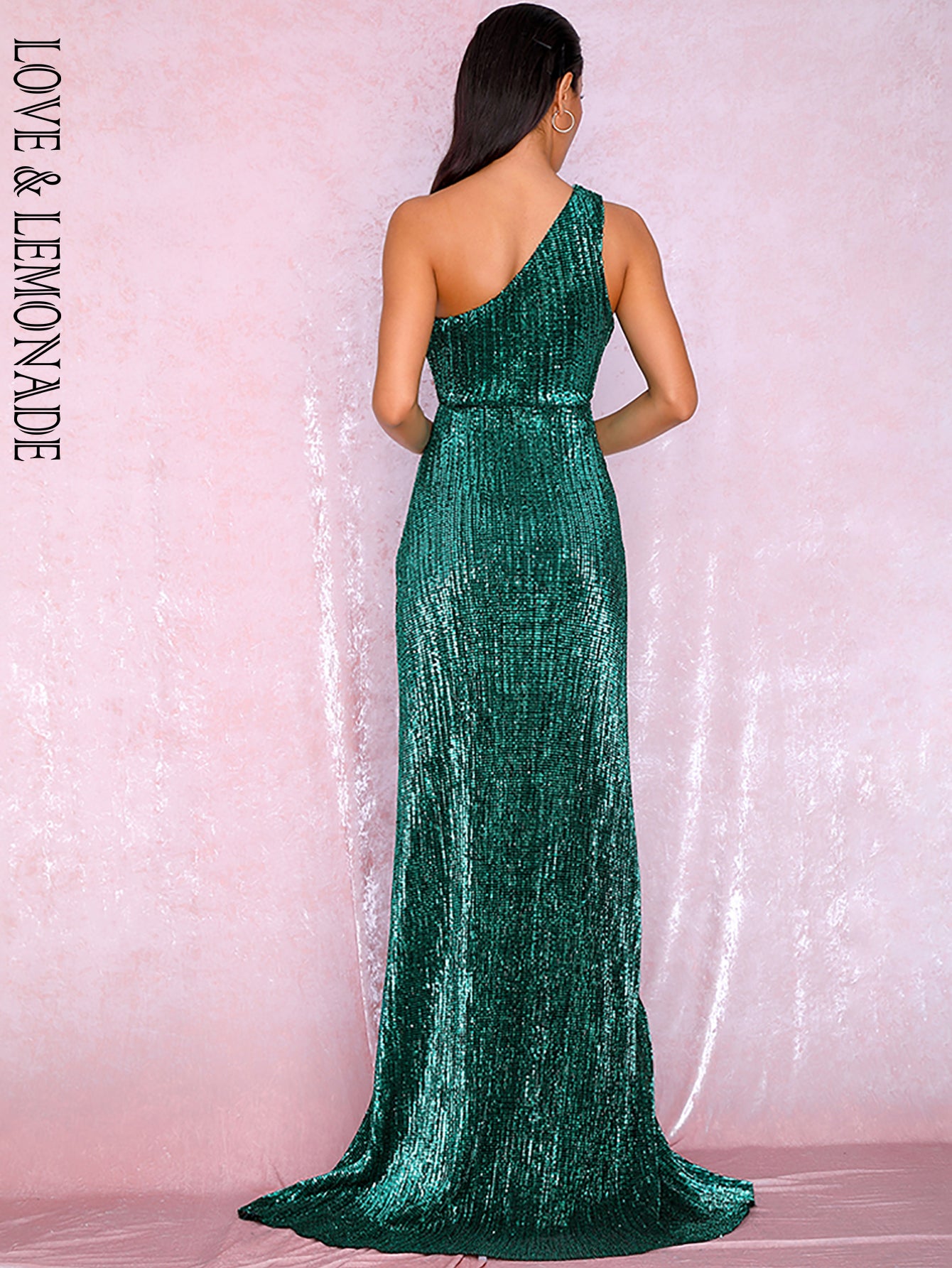 LOVE&amp;LEMONADE Sexy One Shoulder Cut Out Green Cross Split Sequin Bodycon Maxi Dress LM81952