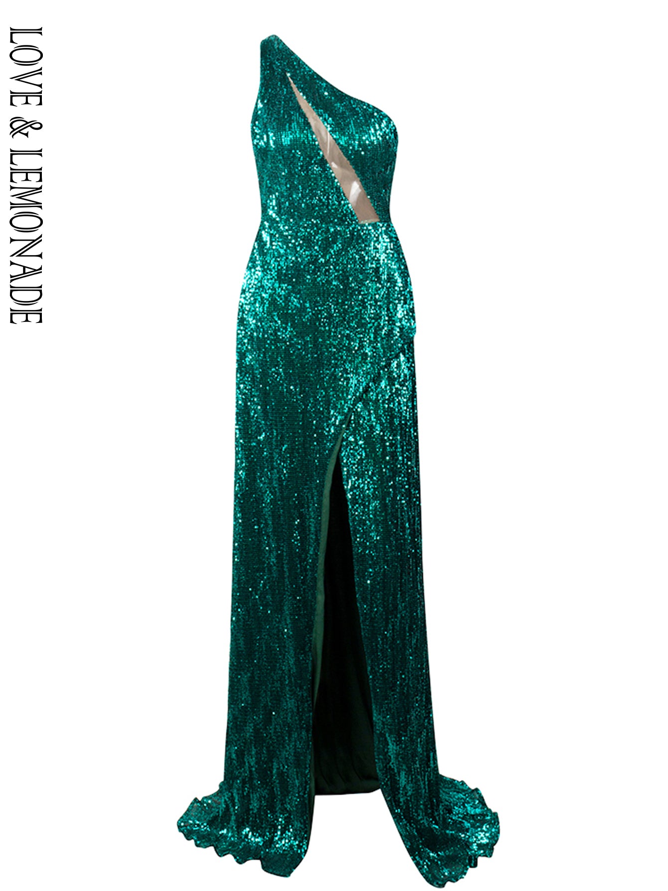 LOVE&amp;LEMONADE Sexy One Shoulder Cut Out Green Cross Split Sequin Bodycon Maxi Dress LM81952