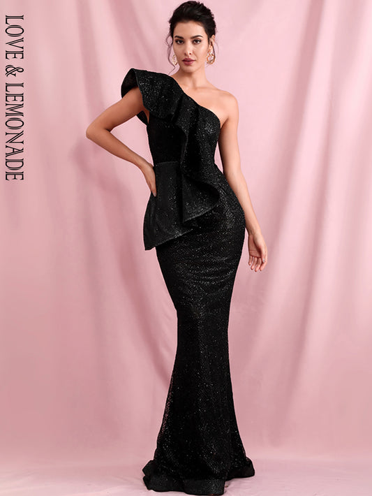 LOVE&amp;LEMONADE Sexy One Shoulder Ruffled Stitch Black Glitter Material Bodycon Party Maxi Dress LM81886