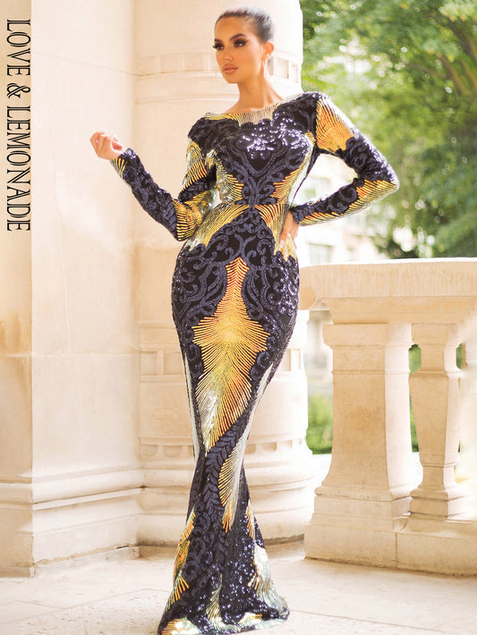 LOVE&amp;LEMONADE Sexy Open Back Geometric Element Sequins Bodycon Party Maxi Dress LM81238-2A