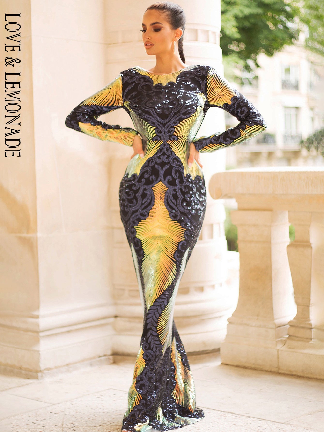 LOVE&amp;LEMONADE Sexy Open Back Geometric Element Sequins Bodycon Party Maxi Dress LM81238-2A