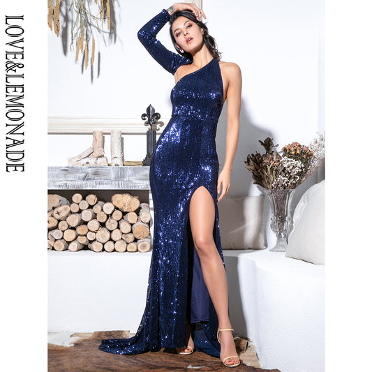 LOVE&amp;LEMONADE Sexy  Open Back Single Sleeve Slim Fit Elastic Sequined Fabric Bodycon Going Out Long Dress LM81333-2