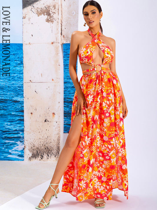 LOVE&amp;LEMONADE Sexy Orange Cross Strap Sleeveless Cutout Geometric Print Beach Long Dress AD03983-1 ORANGE