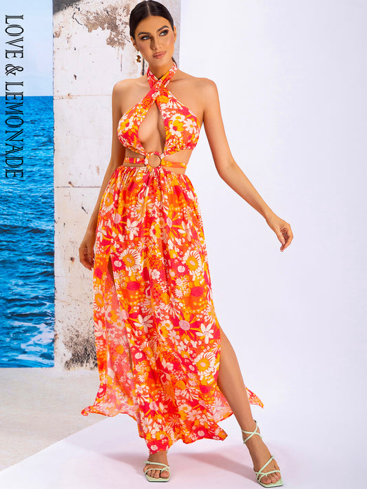 LOVE&amp;LEMONADE Sexy Orange Cross Strap Sleeveless Cutout Geometric Print Beach Long Dress AD03983-1 ORANGE