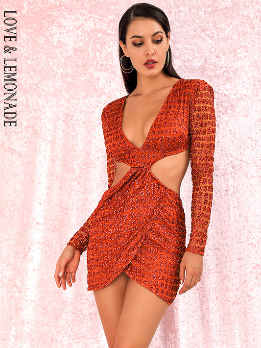 LOVE&amp;LEMONADE Sexy Orange Deep V-neck Open back Cross glitter glued Material Slim Fit Party Dress LM82065