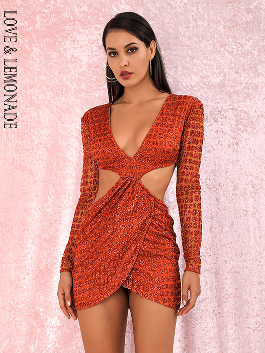 LOVE&amp;LEMONADE Sexy Orange Deep V-neck Open back Cross glitter glued Material Slim Fit Party Dress LM82065