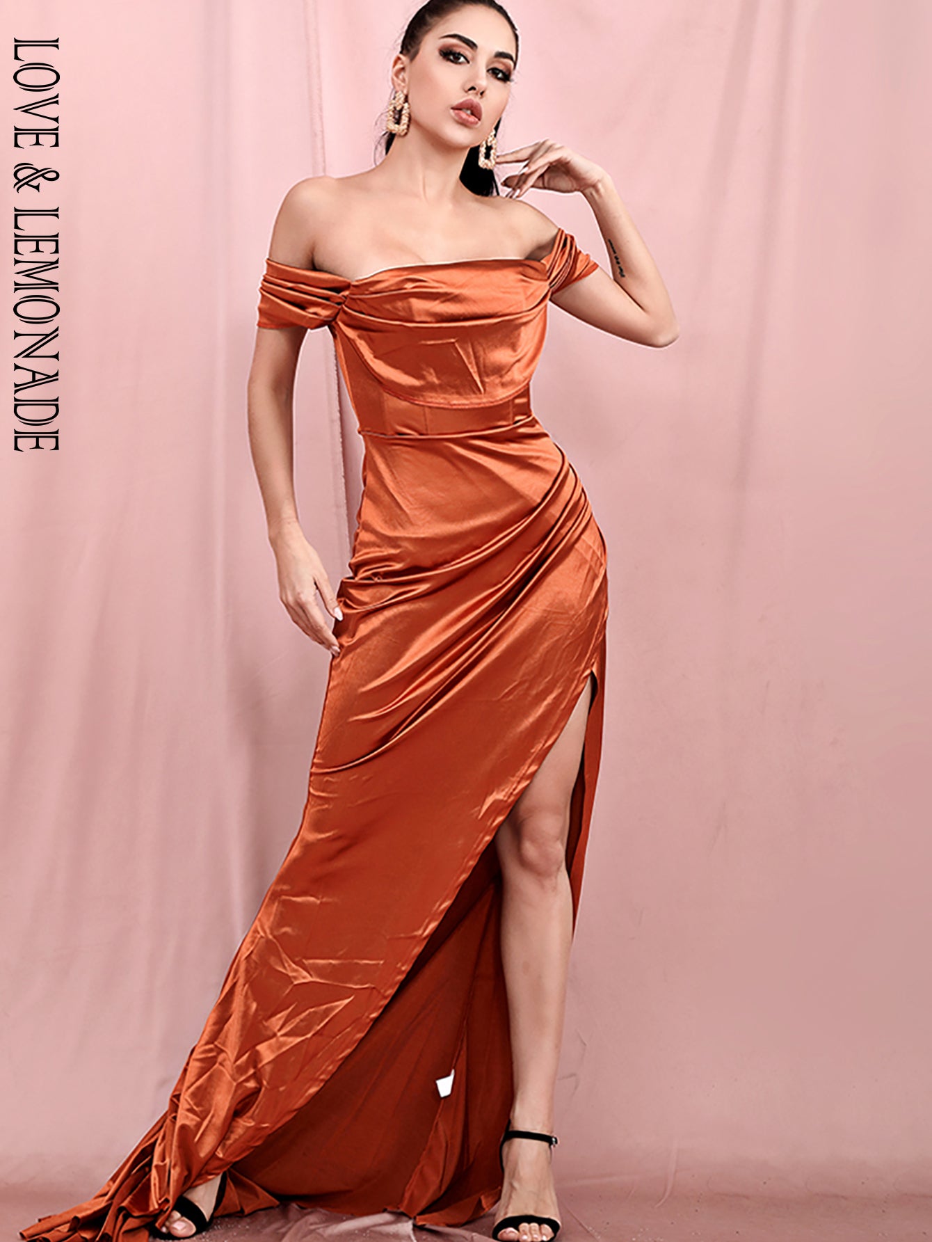 LOVE &amp; LEMONADE Sexy Orange Off-Shoulder Tube Top With Split Trailing Maxi Dress LM82060