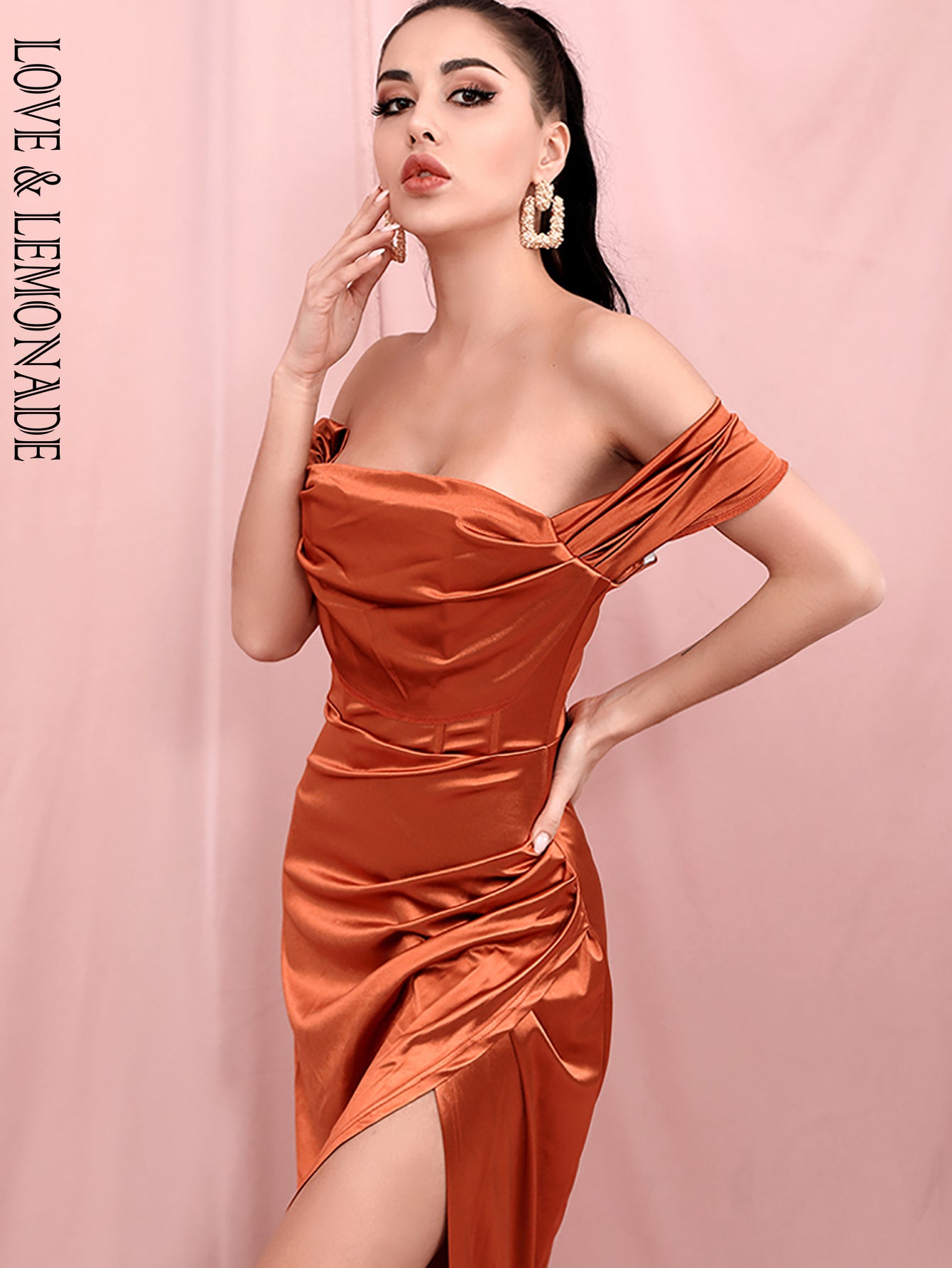 LOVE &amp; LEMONADE Sexy Orange Off-Shoulder Tube Top With Split Trailing Maxi Dress LM82060