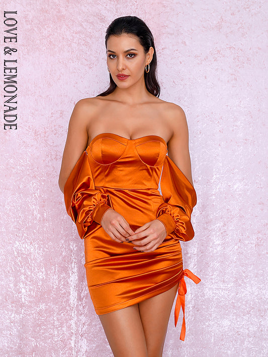 LOVE&amp;LEMONADE Sexy Orange Off-The-Shoulder Tube Top Loose Sleeves Smocked Tiestring Bodycon Mini Party Dress LM81972