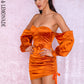 LOVE&amp;LEMONADE Sexy Orange Off-The-Shoulder Tube Top Loose Sleeves Smocked Tiestring Bodycon Mini Party Dress LM81972