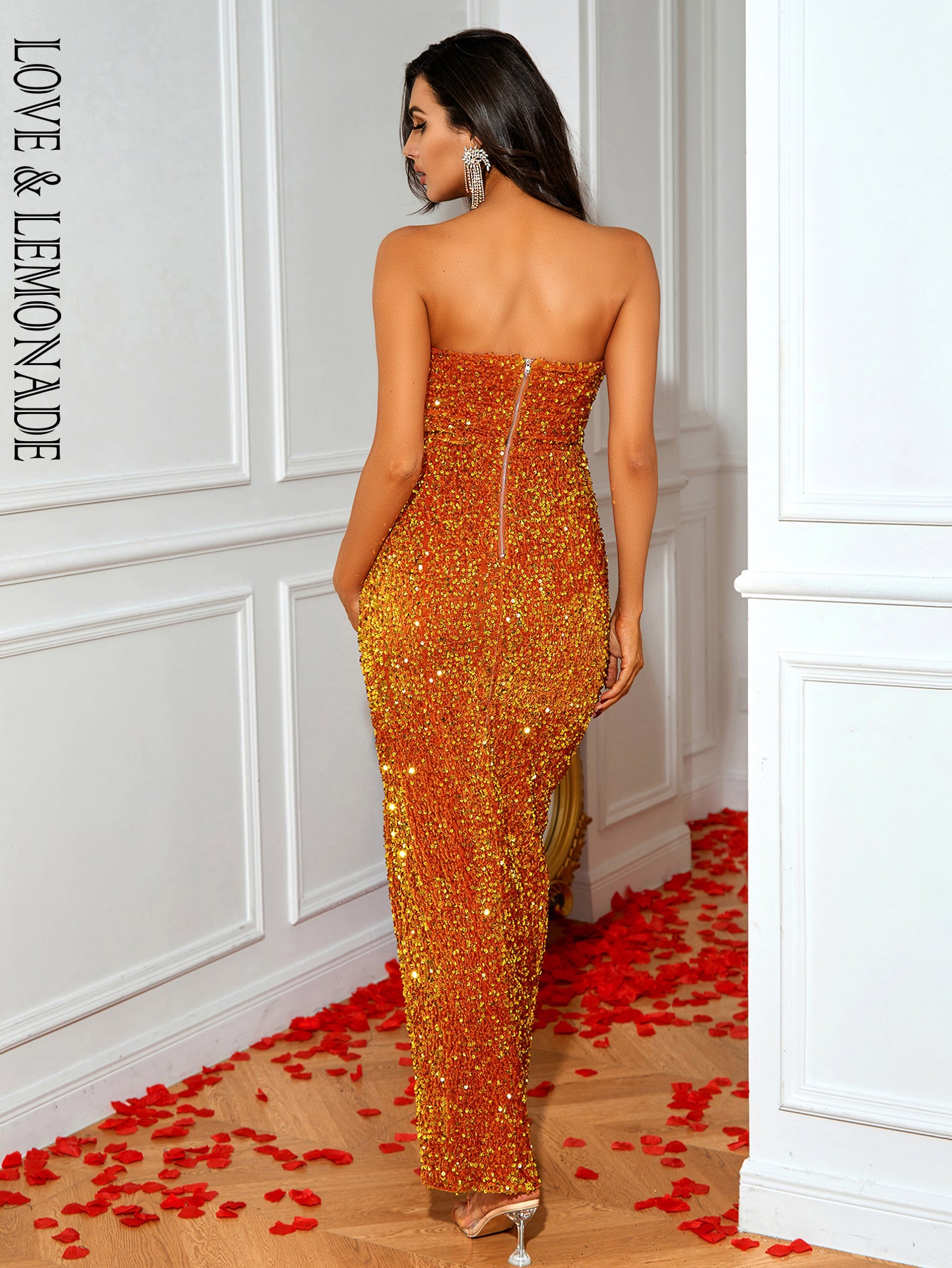 LOVE&amp;LEMONADE Sexy Orange Tube Top Sleeveless Sequin Split A-Line Party Long Dress LM83885