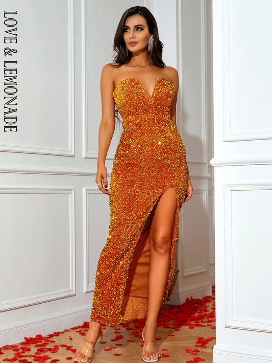 LOVE&amp;LEMONADE Sexy Orange Tube Top Sleeveless Sequin Split A-Line Party Long Dress LM83885