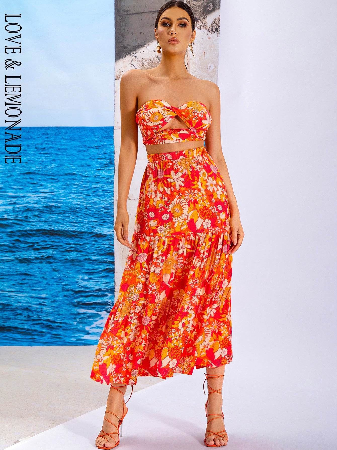 LOVE&amp;LEMONADE Sexy Orange Wrap Chest Open Back Printed Two-Piece Set WT/S03440-2 ORANGE