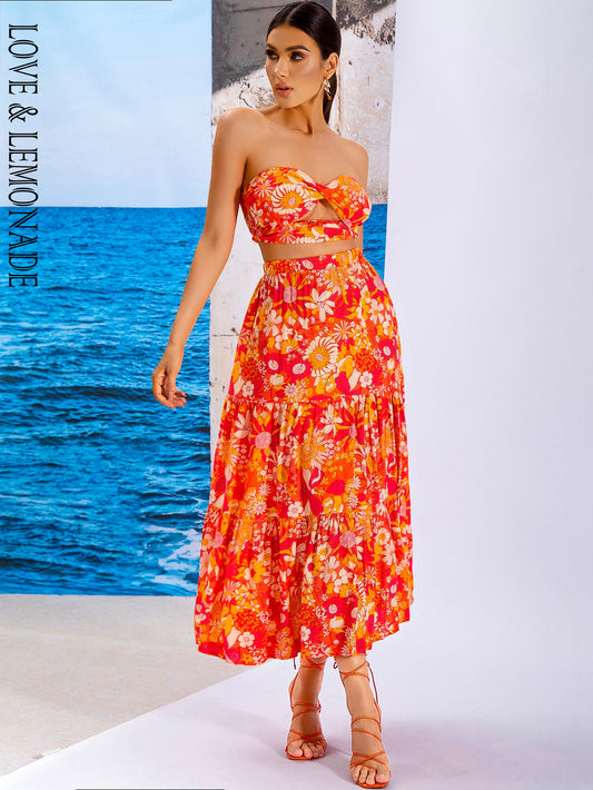 LOVE&amp;LEMONADE Sexy Orange Wrap Chest Open Back Printed Two-Piece Set WT/S03440-2 ORANGE