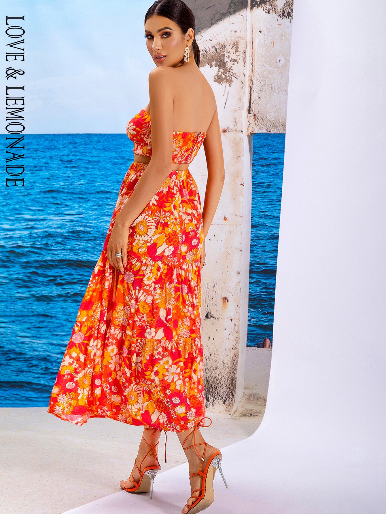 LOVE&amp;LEMONADE Sexy Orange Wrap Chest Open Back Printed Two-Piece Set WT/S03440-2 ORANGE