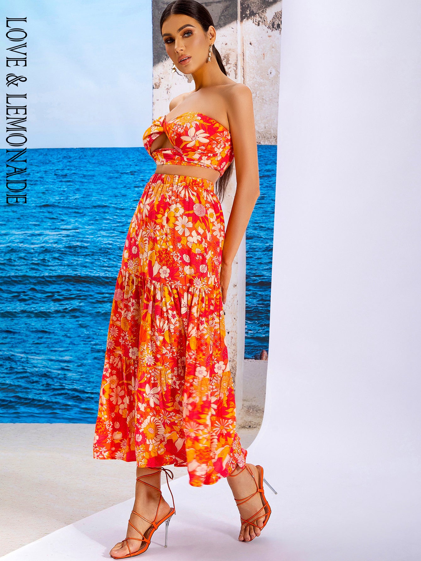 LOVE&amp;LEMONADE Sexy Orange Wrap Chest Open Back Printed Two-Piece Set WT/S03440-2 ORANGE