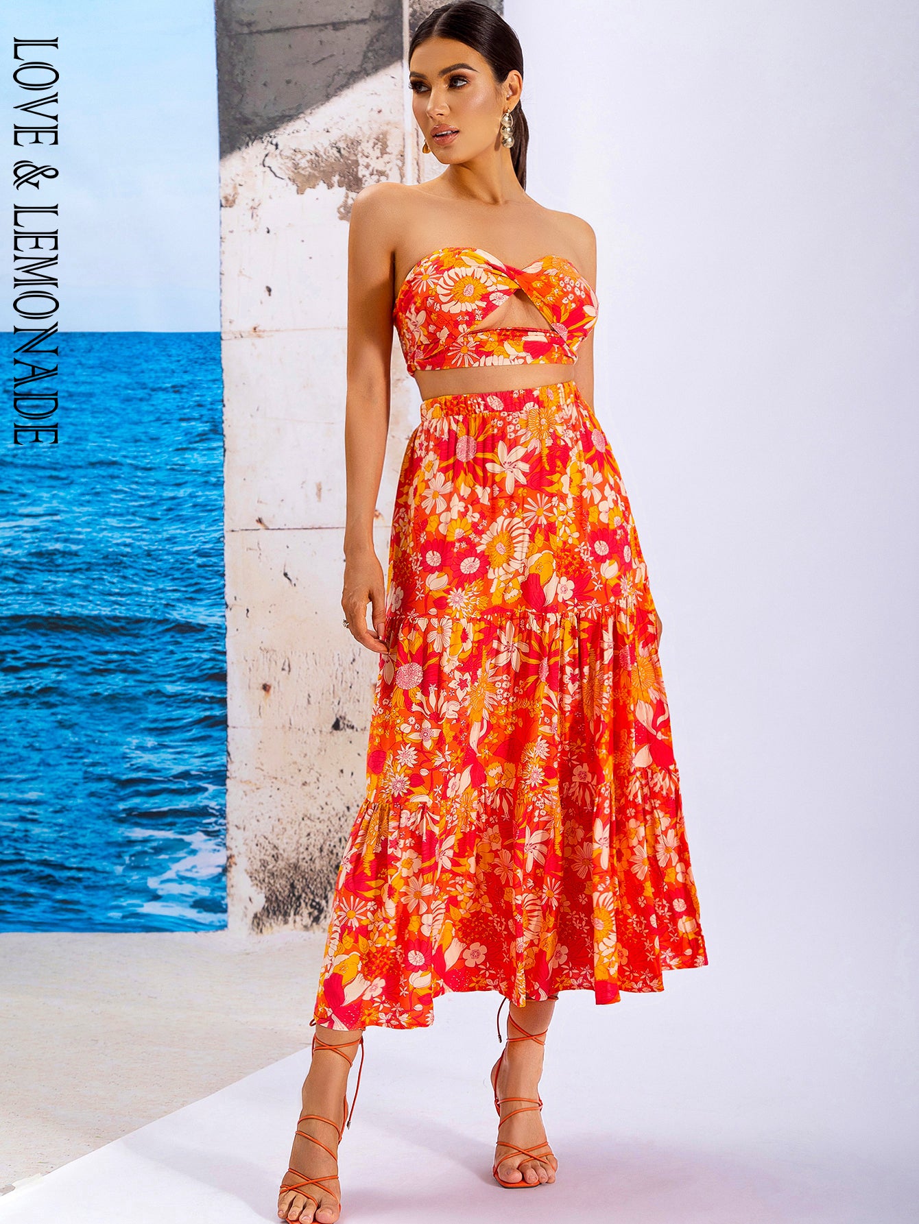 LOVE&amp;LEMONADE Sexy Orange Wrap Chest Open Back Printed Two-Piece Set WT/S03440-2 ORANGE