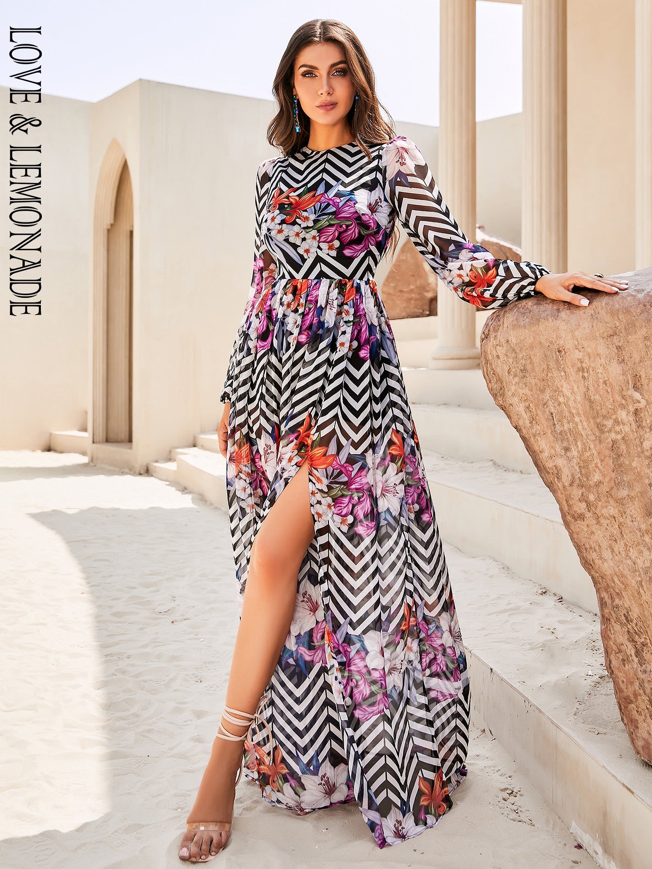 LOVE&amp;LEMONADE Sexy Pic Crew Neck Puff Sleeve Tunic Print Slit A-Line Beach Long Dress LM84232