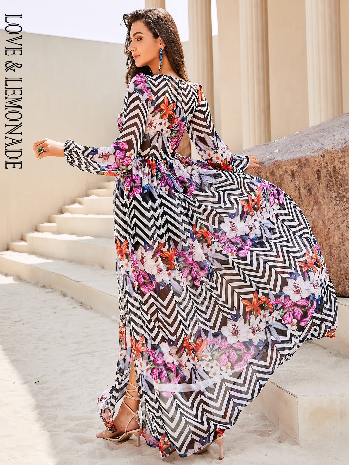 LOVE&amp;LEMONADE Sexy Pic Crew Neck Puff Sleeve Tunic Print Slit A-Line Beach Long Dress LM84232