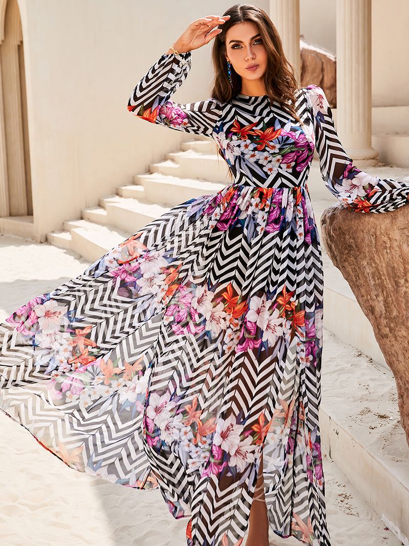 LOVE&amp;LEMONADE Sexy Pic Crew Neck Puff Sleeve Tunic Print Slit A-Line Beach Long Dress LM84232