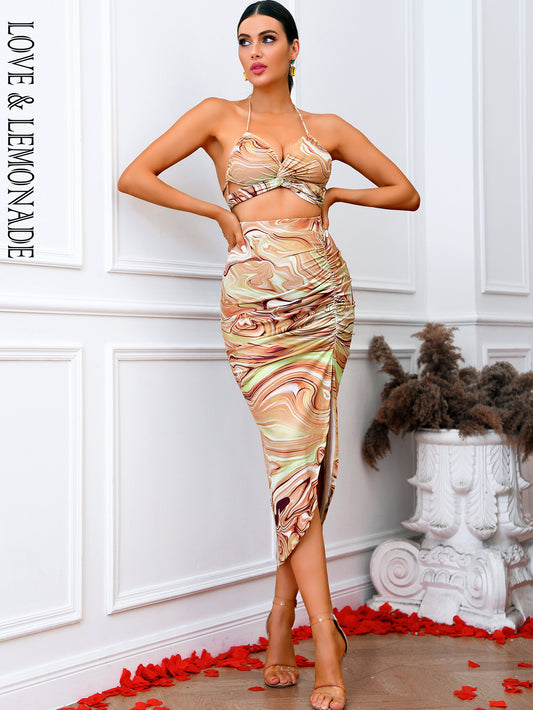 LOVE&amp;LEMONADE Sexy Pic Two-Piece Hollow Swirl Splicing Slim Slit Party Split Set WTS03092-1