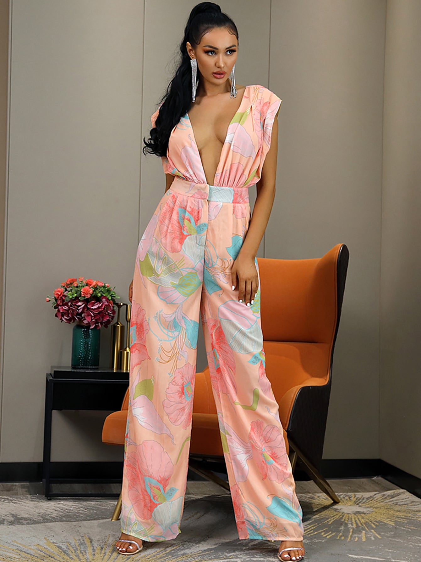 LOVE&amp;LEMONADE Sexy Pink Deep V-Neck High Waist Print Chiffon Horn Shape Jumpsuit LM82918-2