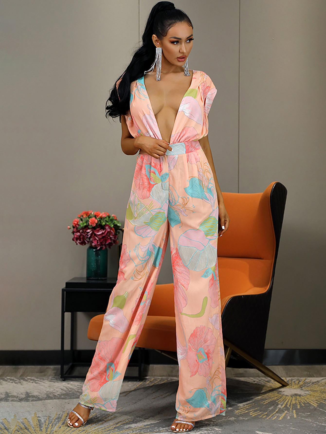 LOVE&amp;LEMONADE Sexy Pink Deep V-Neck High Waist Print Chiffon Horn Shape Jumpsuit LM82918-2