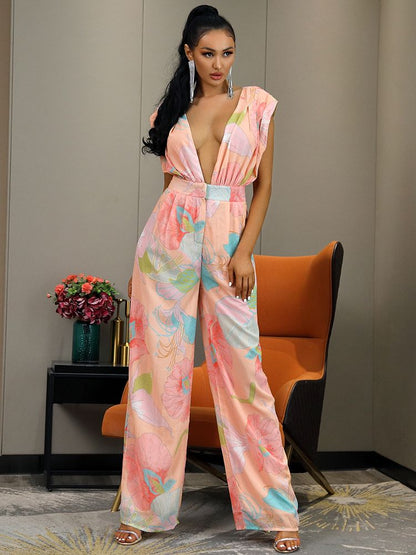 LOVE&amp;LEMONADE Sexy Pink Deep V-Neck High Waist Print Chiffon Horn Shape Jumpsuit LM82918-2