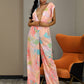 LOVE&amp;LEMONADE Sexy Pink Deep V-Neck High Waist Print Chiffon Horn Shape Jumpsuit LM82918-2