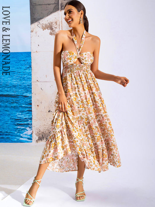 LOVE&amp;LEMONADE Sexy Pink Halterneck Waist Plaid Spring And Summer Beach Mid-Length Dress WD04139-PIC