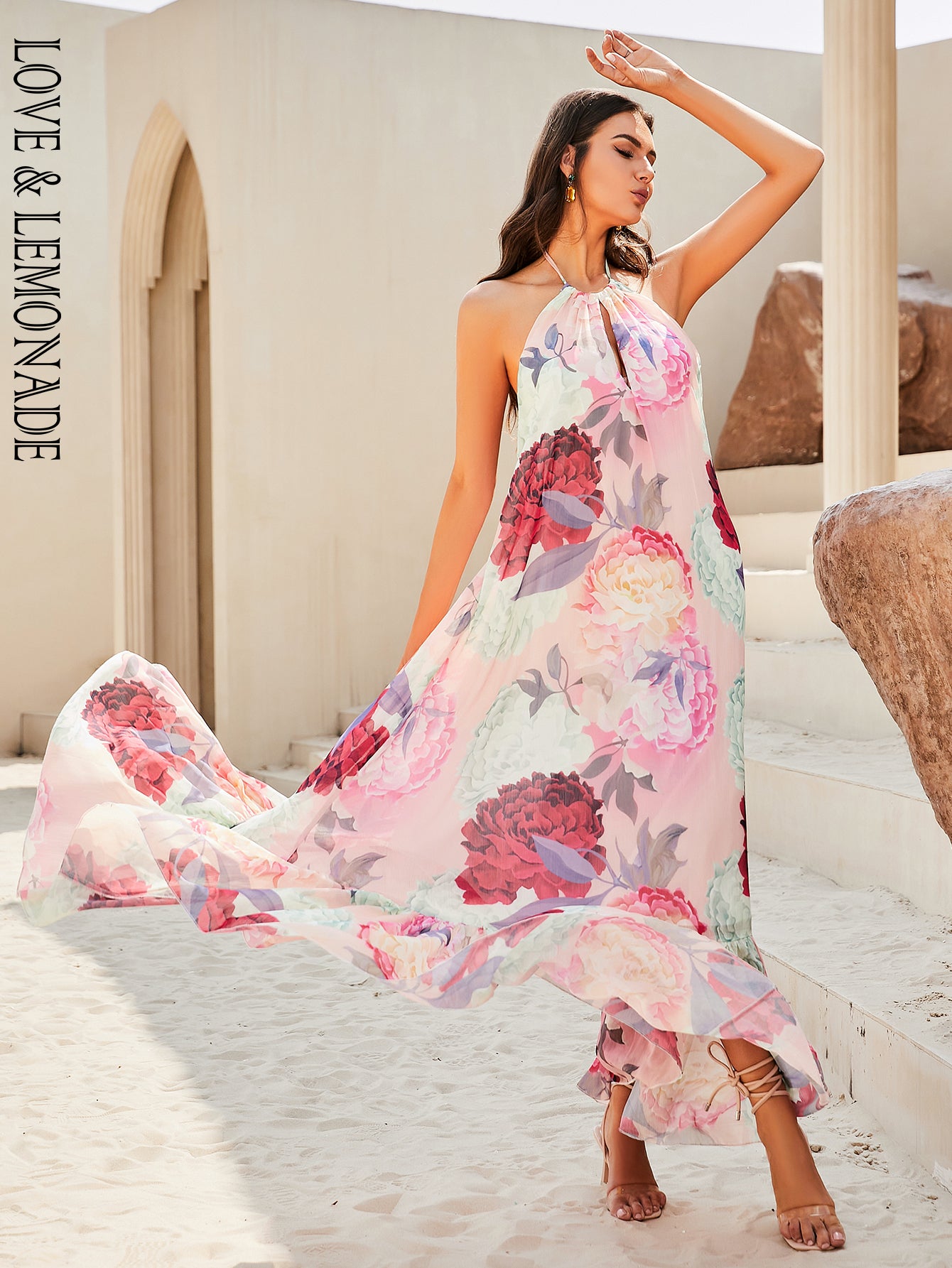 LOVE&amp;LEMONADE Sexy Pink Print Sleeveless Backless A-Line Halter Beach Long Dress LM83203-B