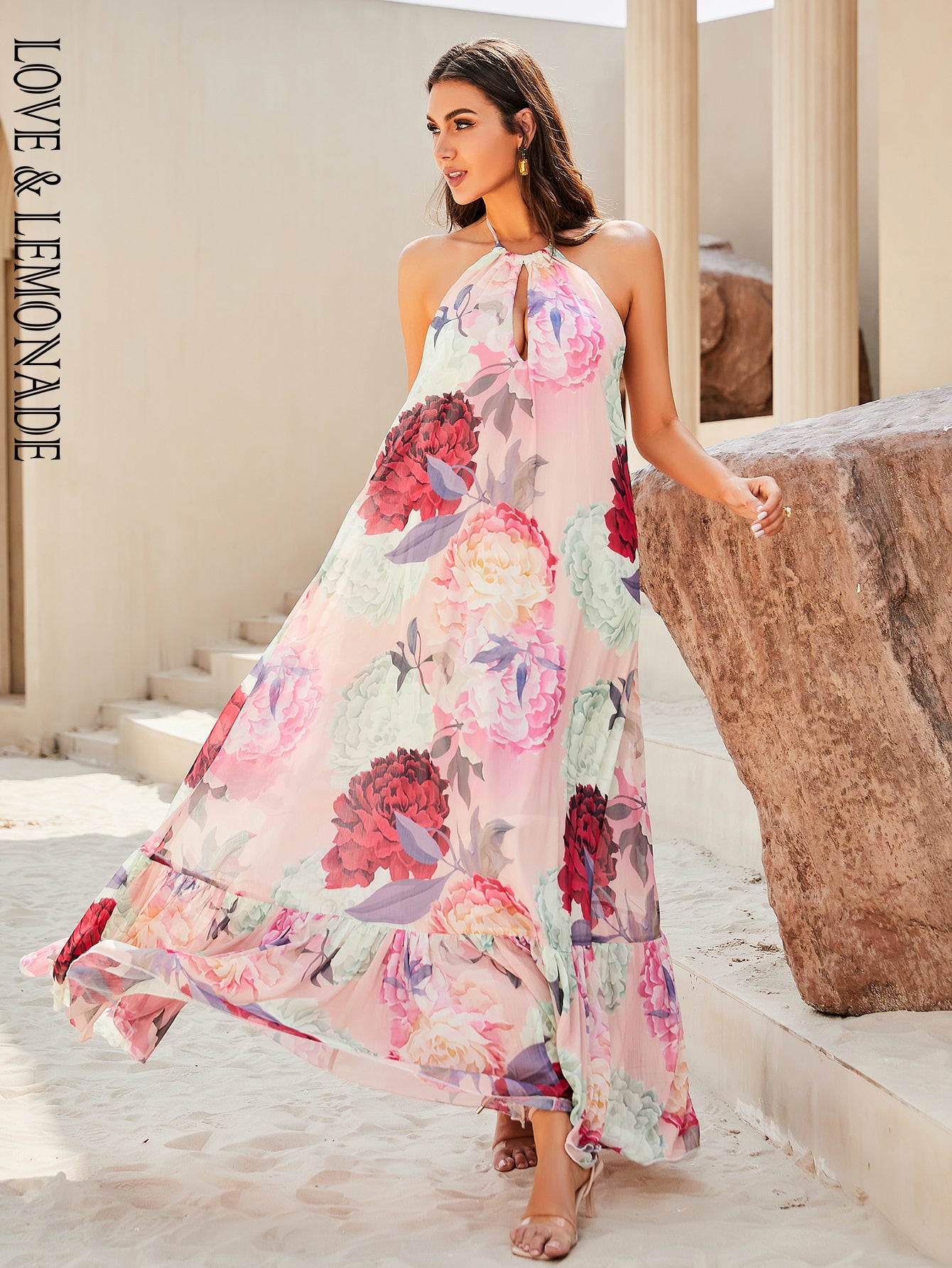 LOVE&amp;LEMONADE Sexy Pink Print Sleeveless Backless A-Line Halter Beach Long Dress LM83203-B