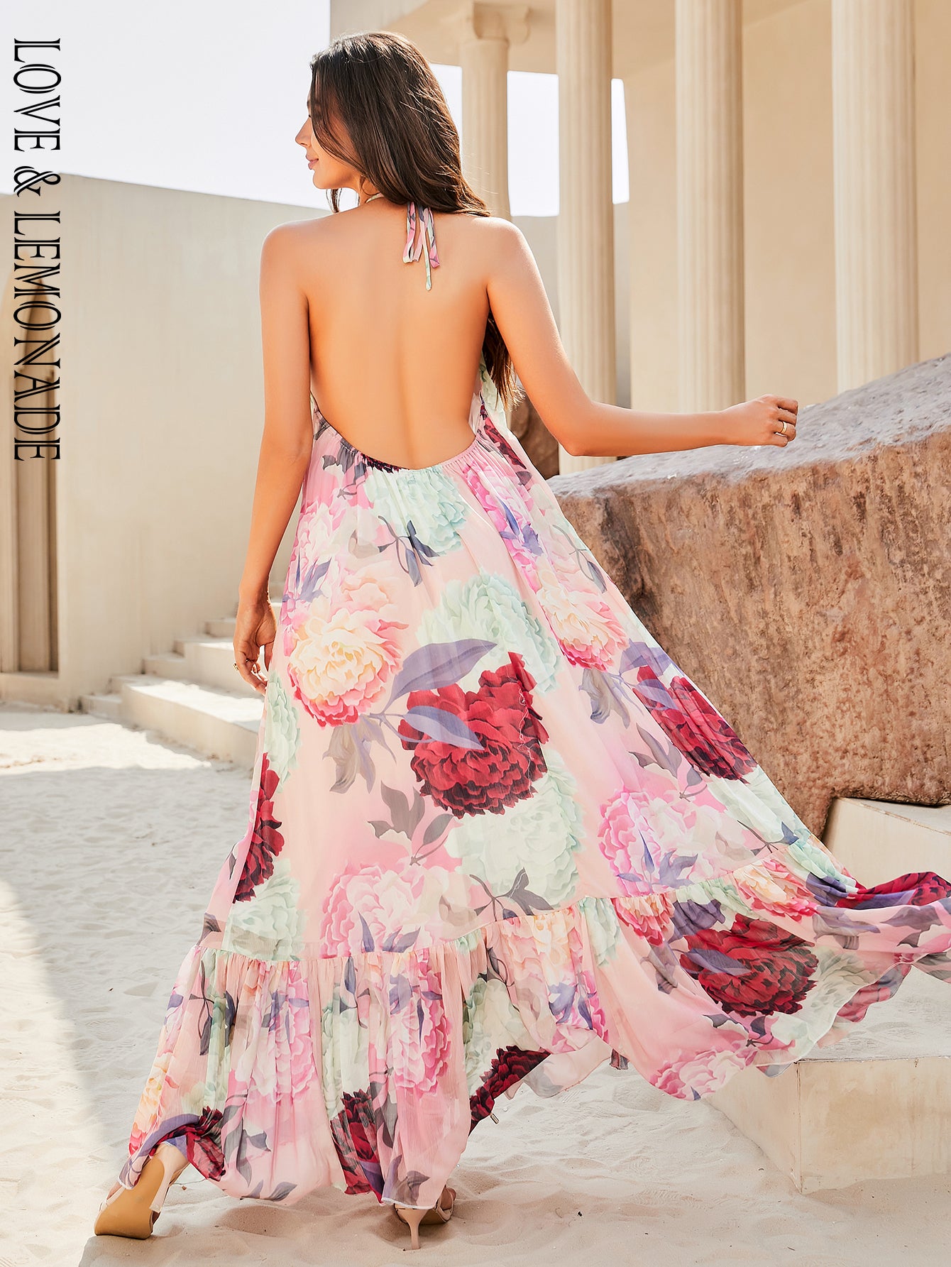 LOVE&amp;LEMONADE Sexy Pink Print Sleeveless Backless A-Line Halter Beach Long Dress LM83203-B