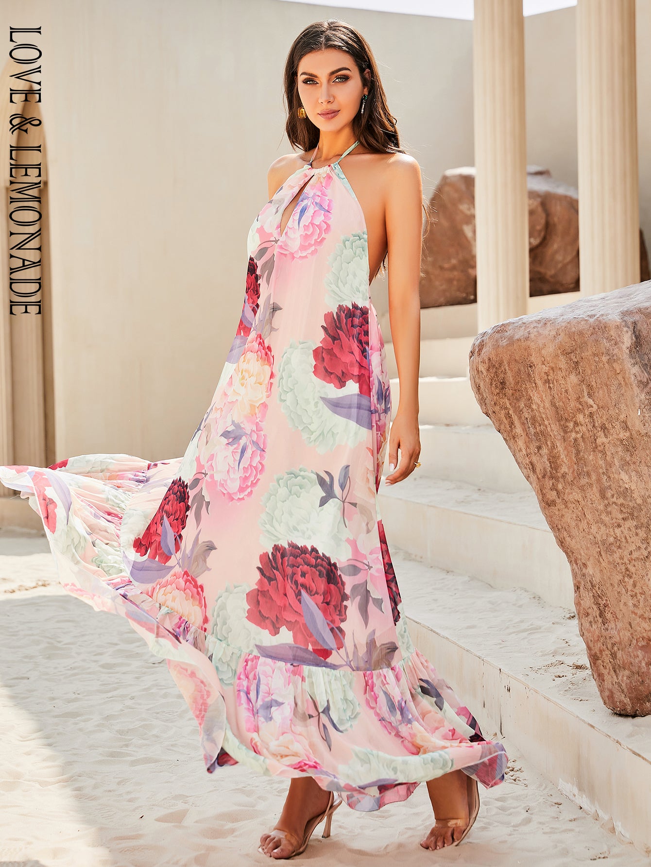 LOVE&amp;LEMONADE Sexy Pink Print Sleeveless Backless A-Line Halter Beach Long Dress LM83203-B