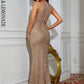 LOVE&amp;LEMONADE Sexy Pink Round Neck Open Back Folded Stretch Sequin Party Long Dress LM84111
