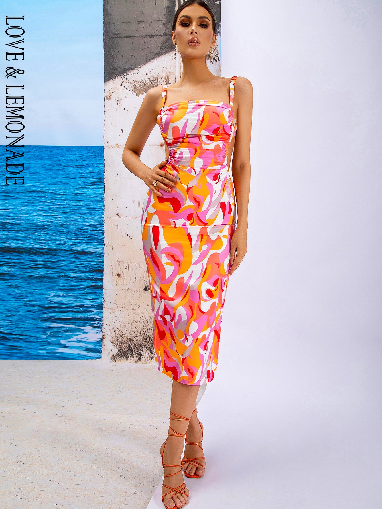 LOVE&amp;LEMONADE Sexy Pink Sling Cutout Sleeveless Swirl Panel Party Midi Dress  AD03895-1 PIC