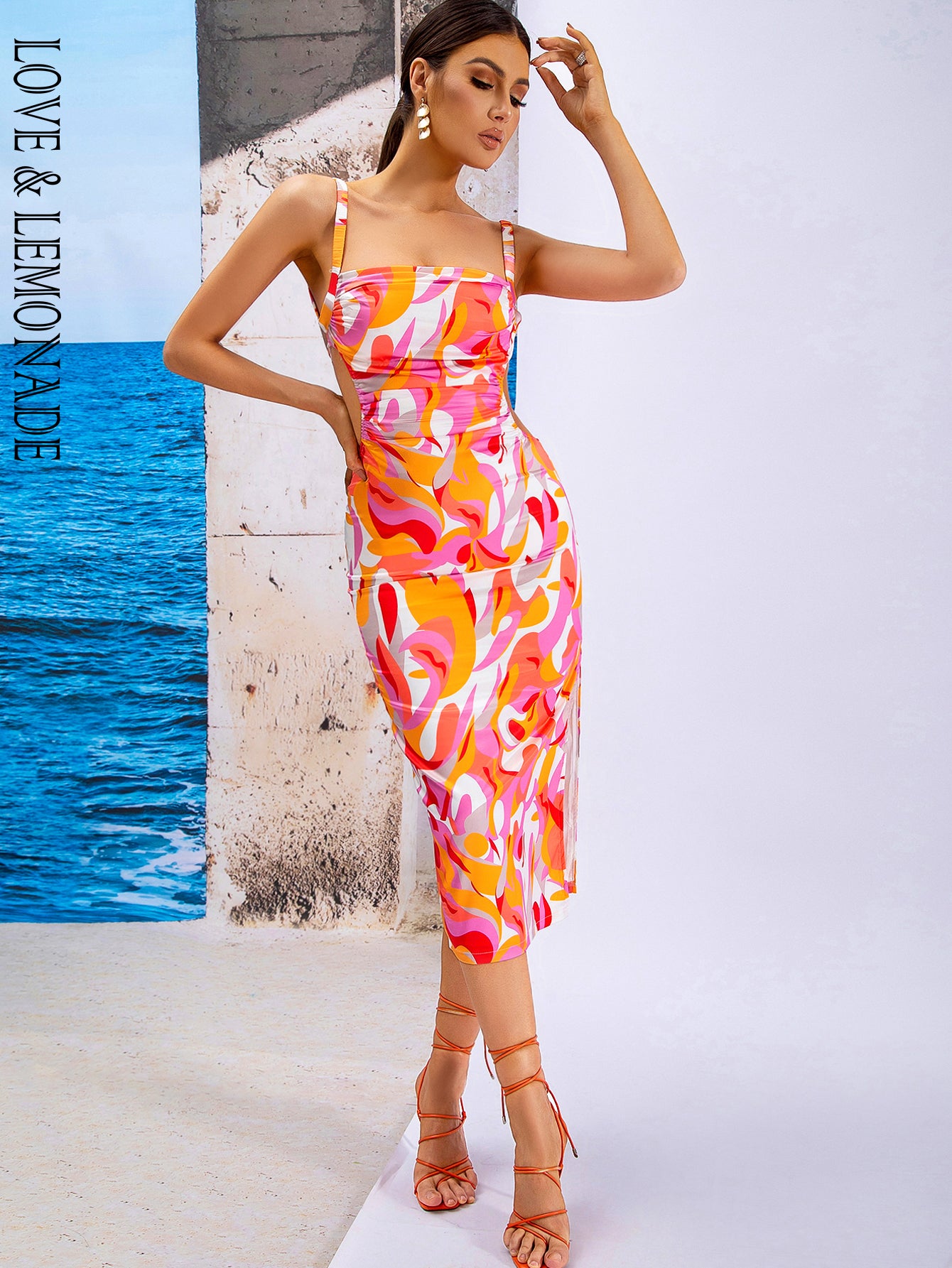 LOVE&amp;LEMONADE Sexy Pink Sling Cutout Sleeveless Swirl Panel Party Midi Dress  AD03895-1 PIC