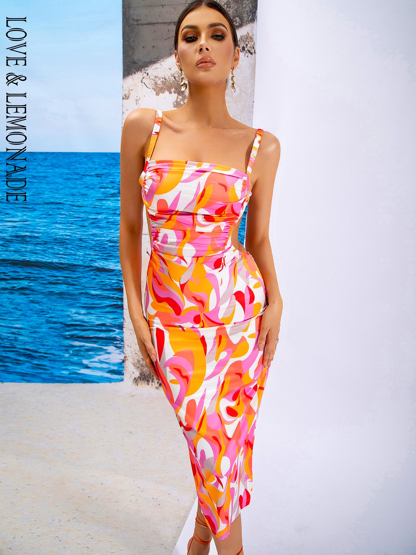 LOVE&amp;LEMONADE Sexy Pink Sling Cutout Sleeveless Swirl Panel Party Midi Dress  AD03895-1 PIC