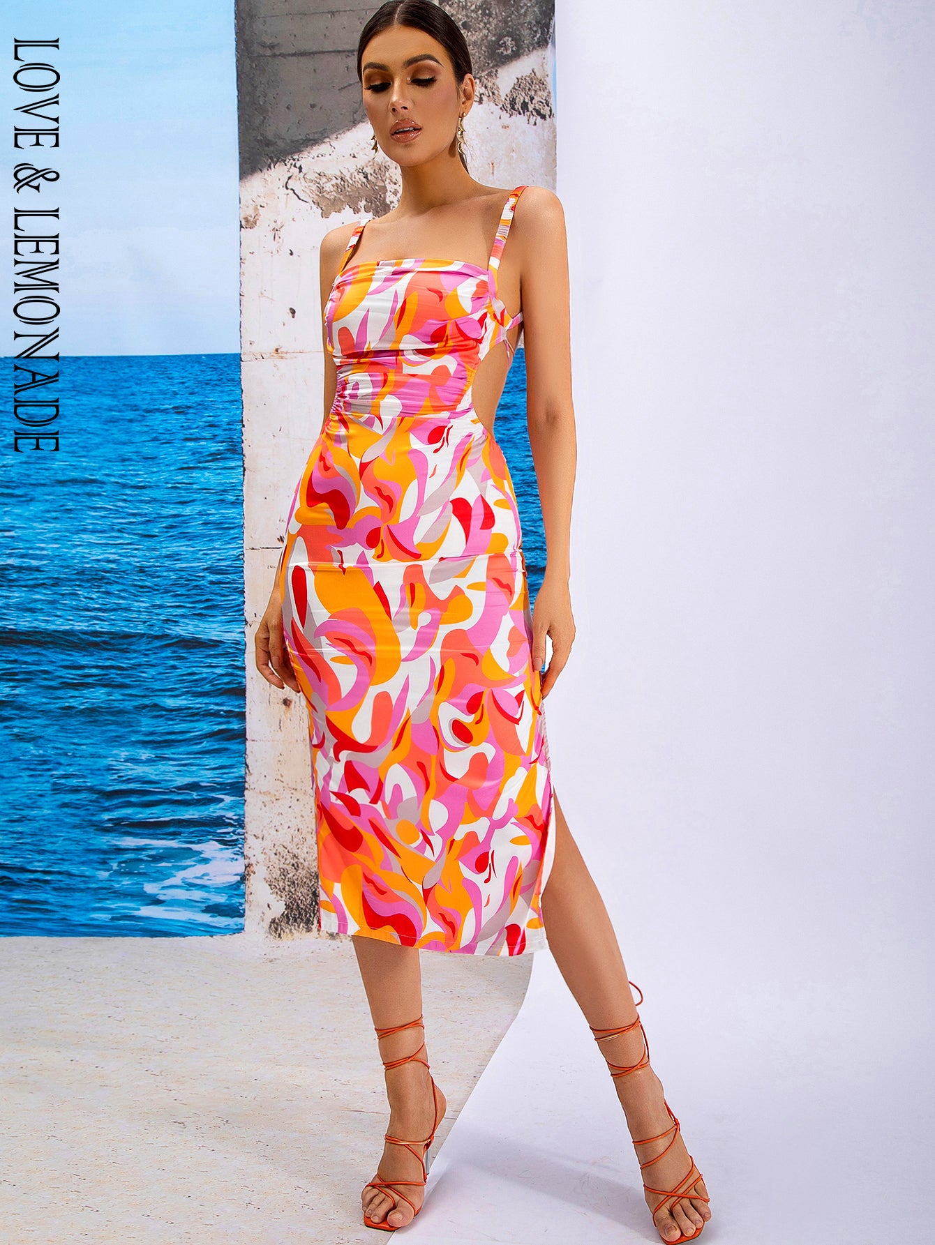 LOVE&amp;LEMONADE Sexy Pink Sling Cutout Sleeveless Swirl Panel Party Midi Dress  AD03895-1 PIC