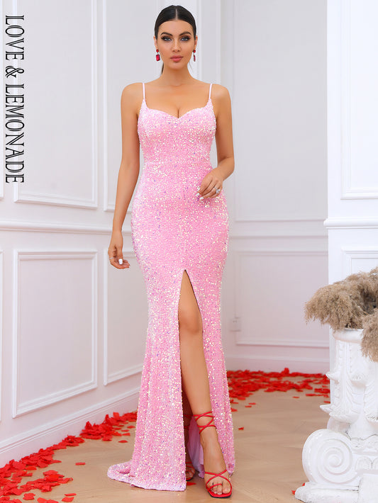 LOVE&amp;LEMONADE Sexy Pink Tube Top Sling Sleeveless Slit A-Line Sequin Mop Party Maxi Dress LM84386