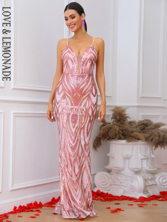 LOVE&amp;LEMONADE Sexy Pink V-Neck Strapless Sleeves Drop-Geo Graphic Party Extra Long Fishtail Floor Dress LM83971