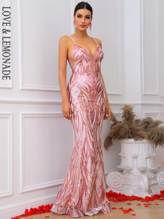 LOVE&amp;LEMONADE Sexy Pink V-Neck Strapless Sleeves Drop-Geo Graphic Party Extra Long Fishtail Floor Dress LM83971