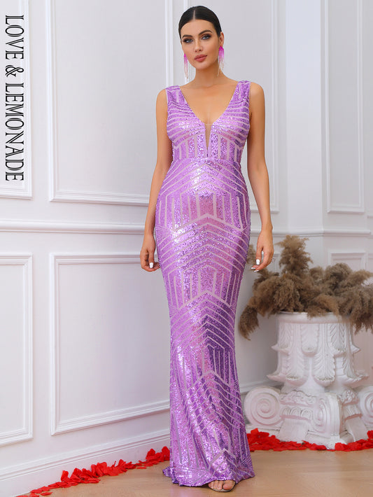 LOVE&amp;LEMONADE Sexy Purple Deep V-Neck Tube Top Sleeveless Geometric Fishtail Floor Stretch Sequin Party Maxi Dress LM84201