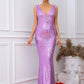 LOVE&amp;LEMONADE Sexy Purple Deep V-Neck Tube Top Sleeveless Geometric Fishtail Floor Stretch Sequin Party Maxi Dress LM84201