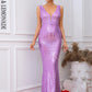 LOVE&amp;LEMONADE Sexy Purple Deep V-Neck Tube Top Sleeveless Geometric Fishtail Floor Stretch Sequin Party Maxi Dress LM84201