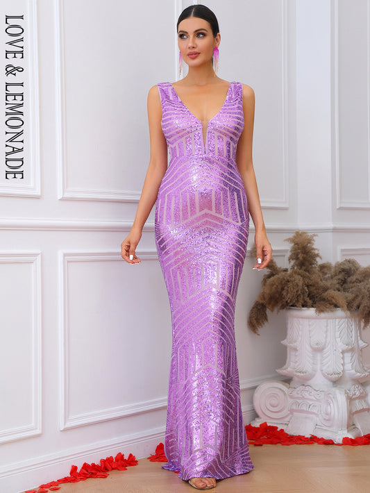 LOVE&amp;LEMONADE Sexy Purple Deep V-Neck Tube Top Sleeveless Geometric Fishtail Floor Stretch Sequin Party Maxi Dress LM84201